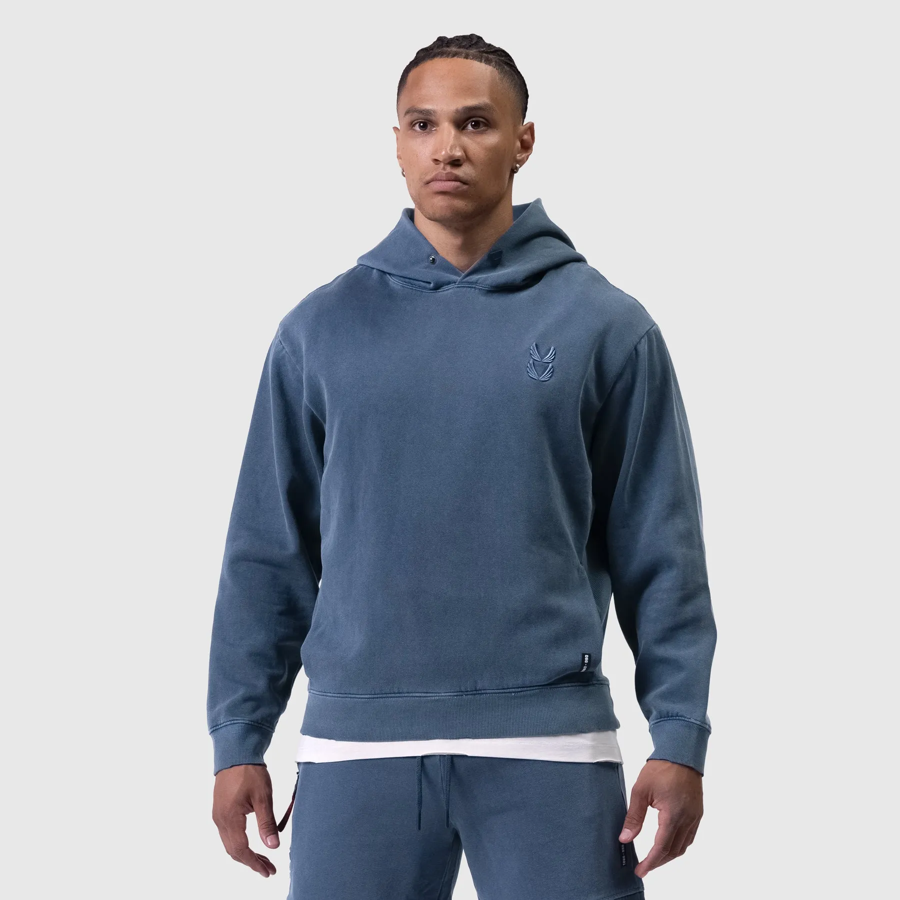 0920. Tech Essential? Distressed Hoodie - Faded Navy Seamless Sleeves equestrian wear
