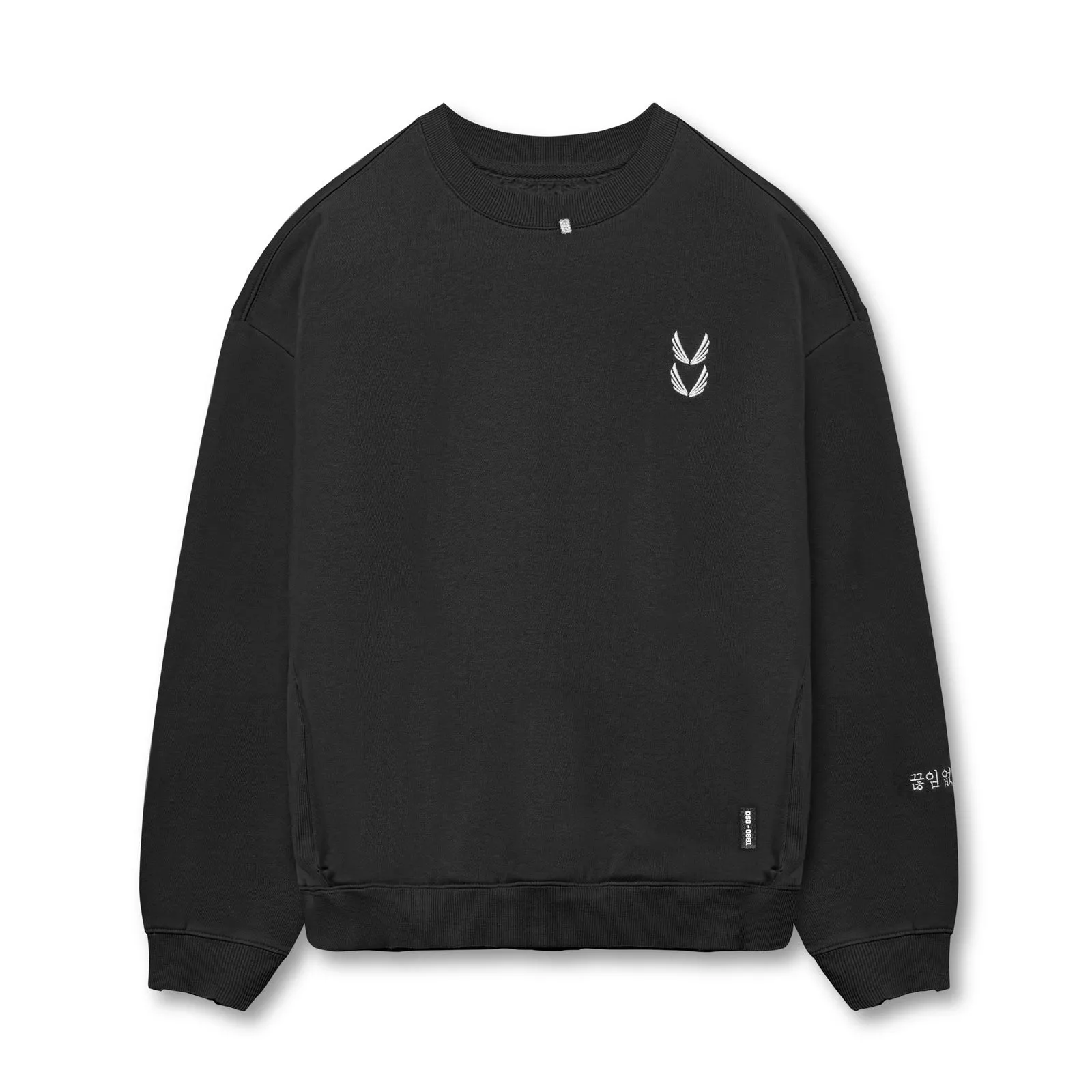 0861. Tech Essential? Distressed Crewneck - Black Adjustable Drawstring Hood