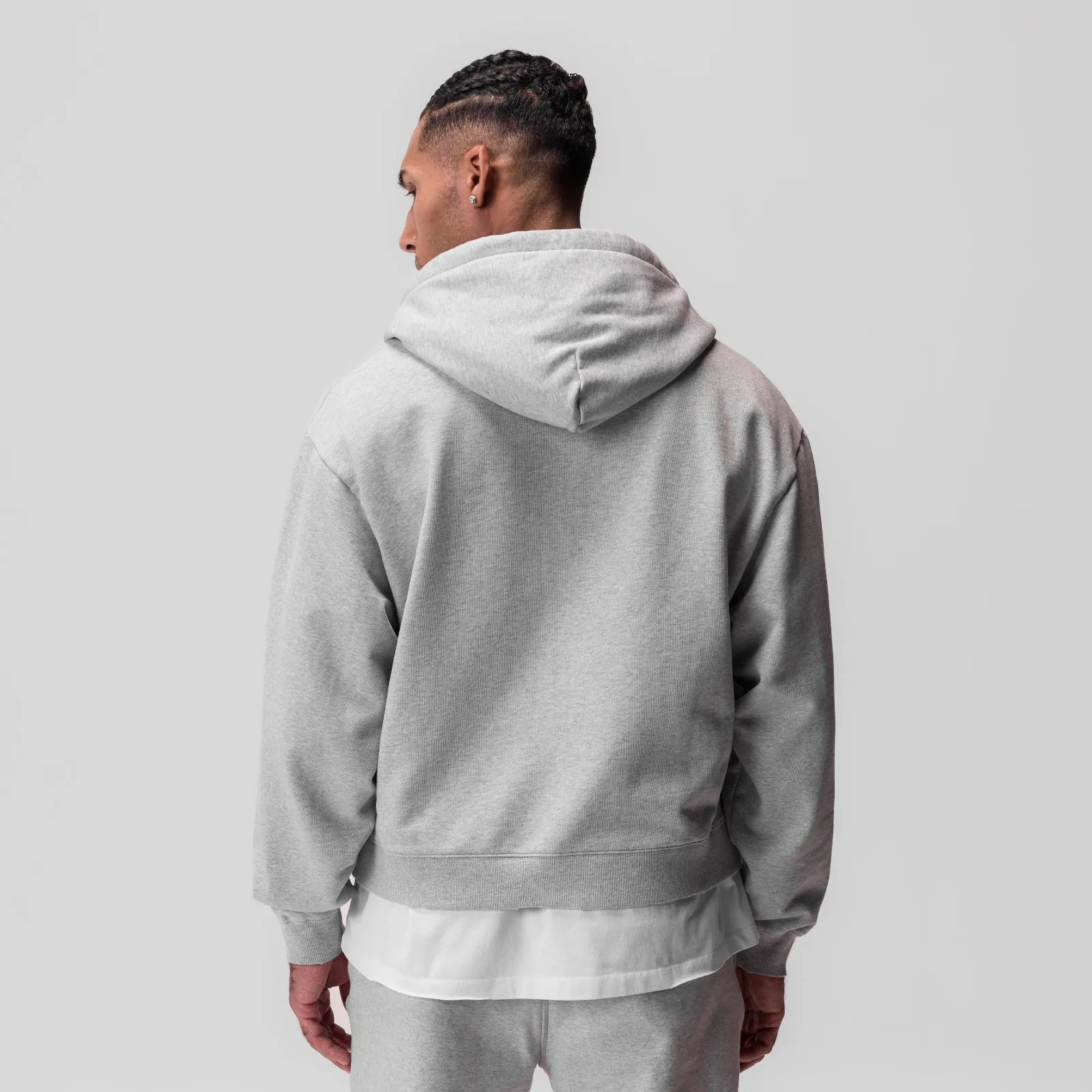 0843. Tech Essential? Distressed Full Zip Hoodie - Heather Grey Button front Flexible Hood