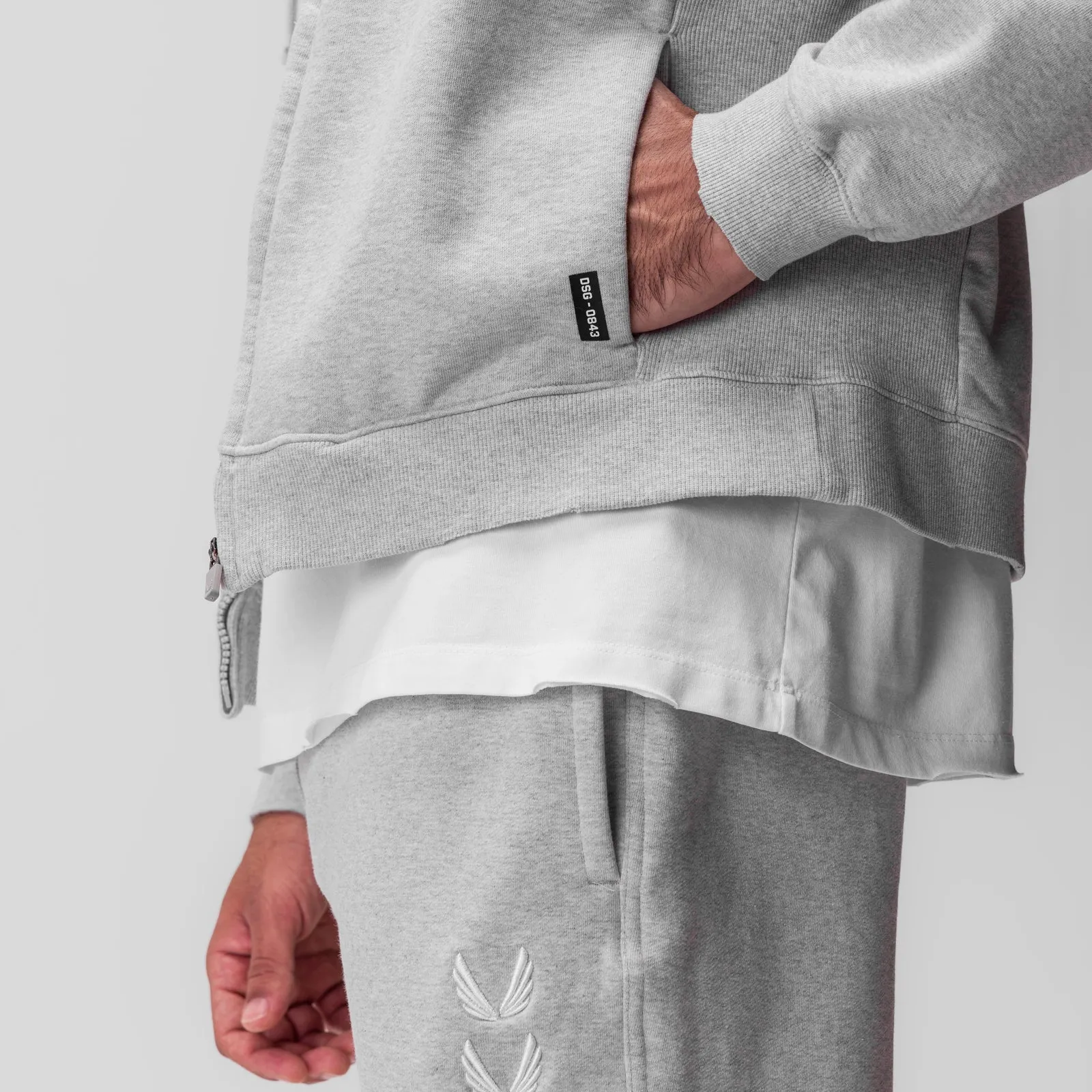 0843. Tech Essential? Distressed Full Zip Hoodie - Heather Grey Lightweight Midlayer Option Neutral Color