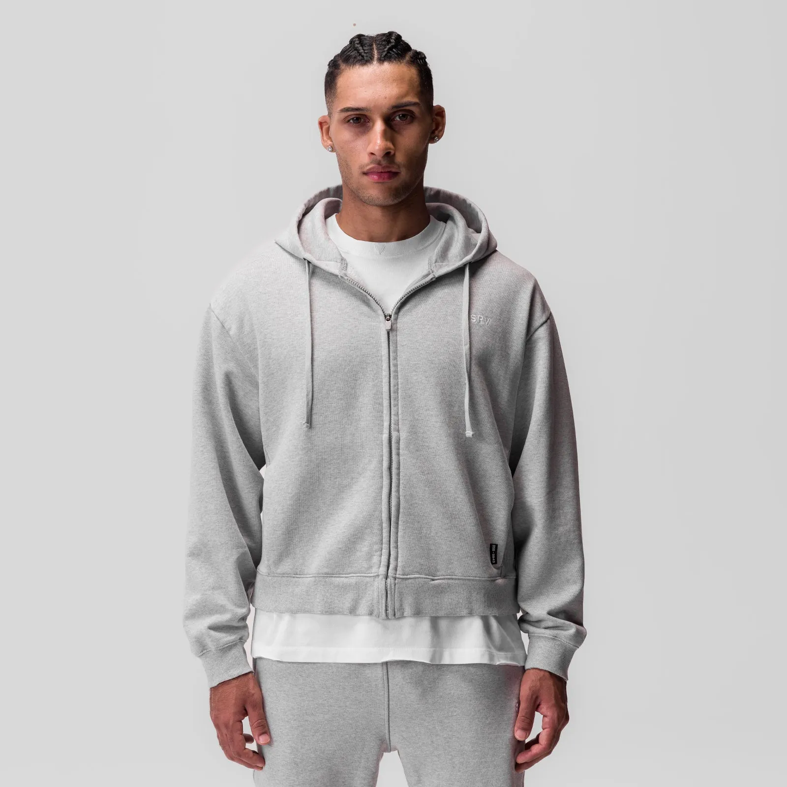 0843. Tech Essential? Distressed Full Zip Hoodie - Heather Grey Wildebeest like Cozy Energy