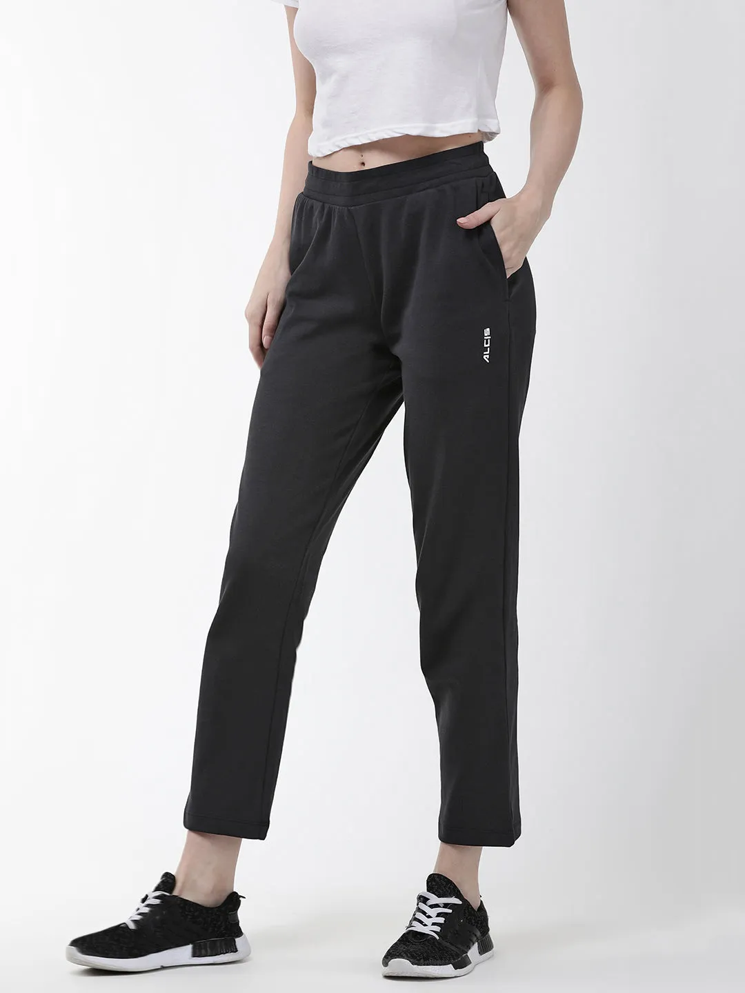 Alcis Women Black Solid Cropped Training Track Pants Quick Move UVProtectiveLayer