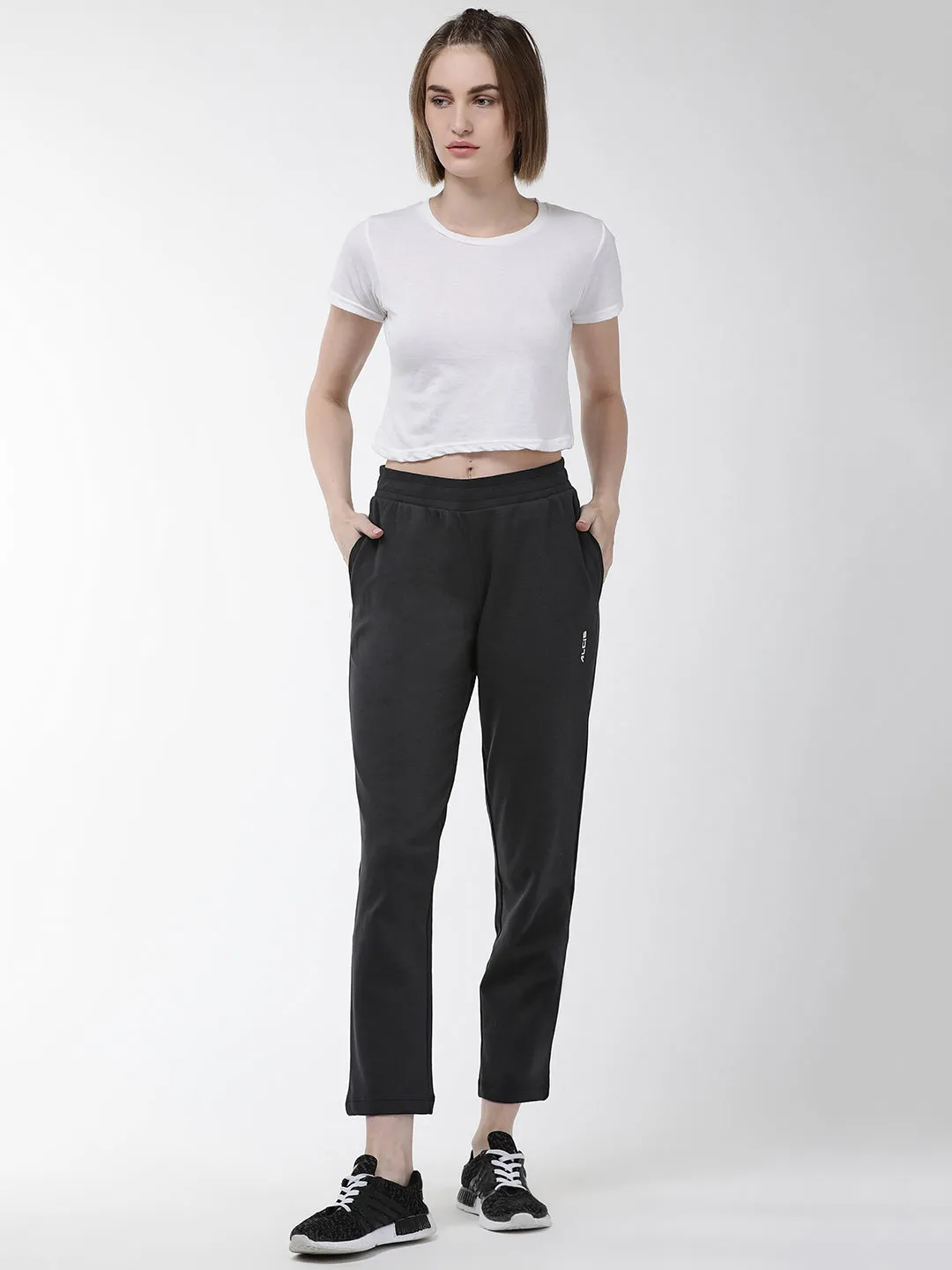 Sport Friendly Bold Waistband Alcis Women Black Solid Cropped Training Track Pants