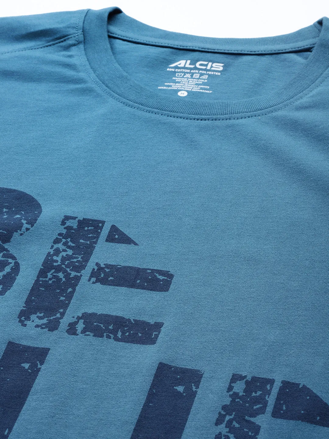 Alcis Men Teal Blue Typography Printed Slim Fit Gym T-shirt Daily Use