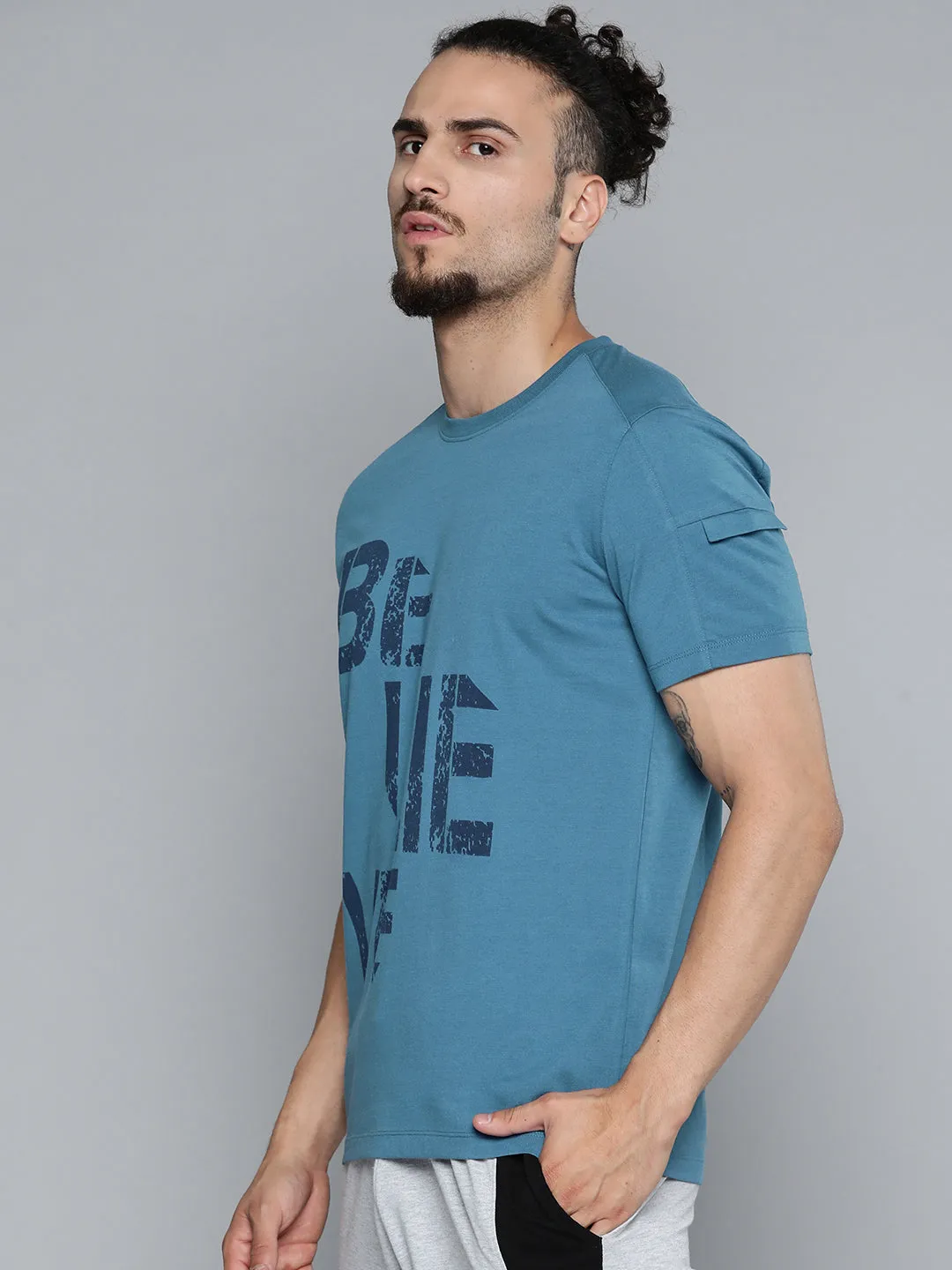 Alcis Men Teal Blue Typography Printed Slim Fit Gym T-shirt Student Cool Comfort waistband