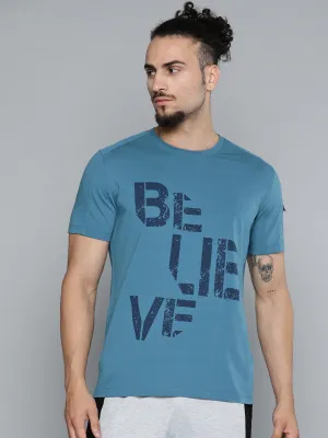 Adjustable Fastenings Alcis Men Teal Blue Typography Printed Slim Fit Gym T-shirt