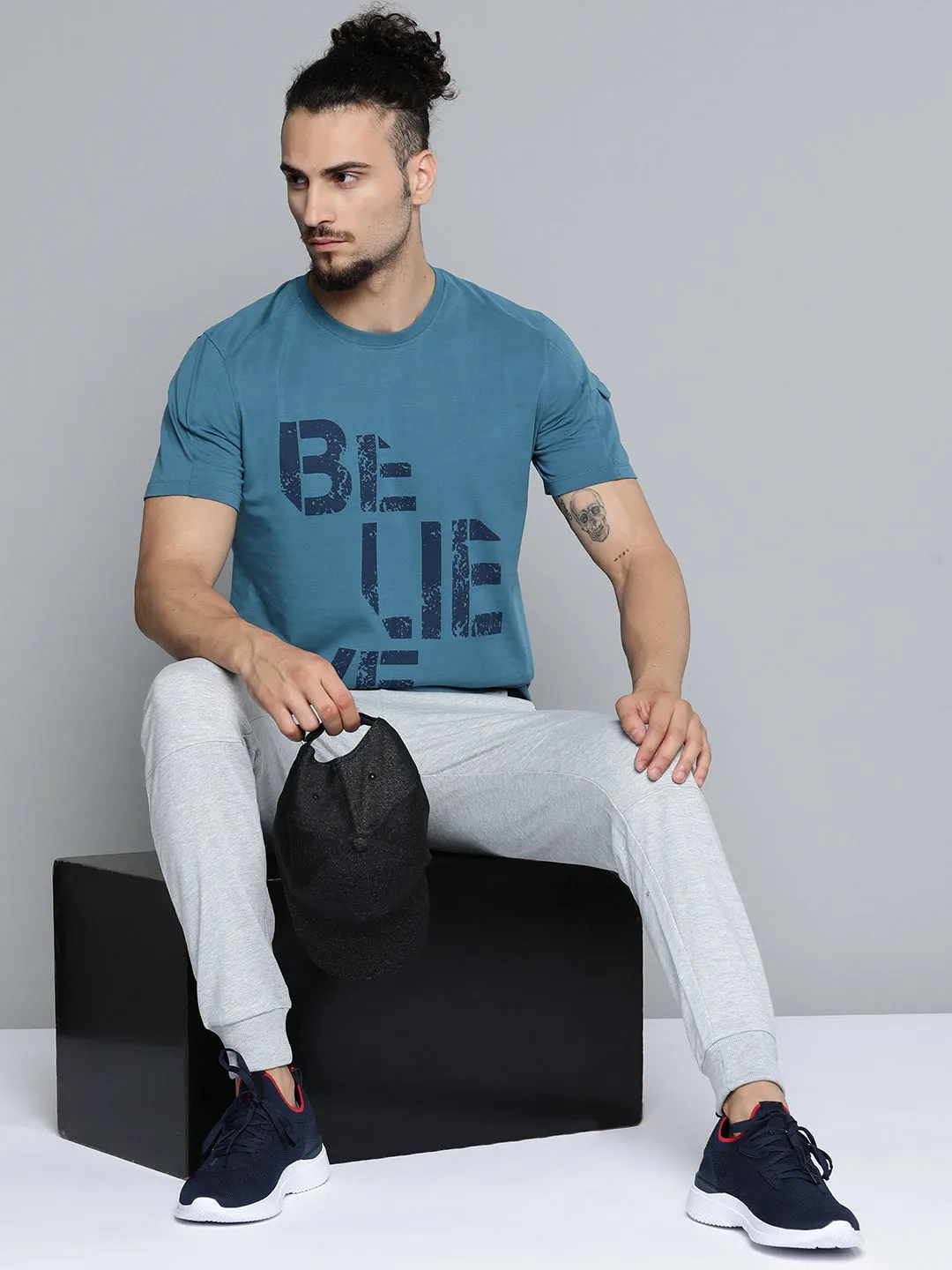 Trust Glow Alcis Men Teal Blue Typography Printed Slim Fit Gym T-shirt