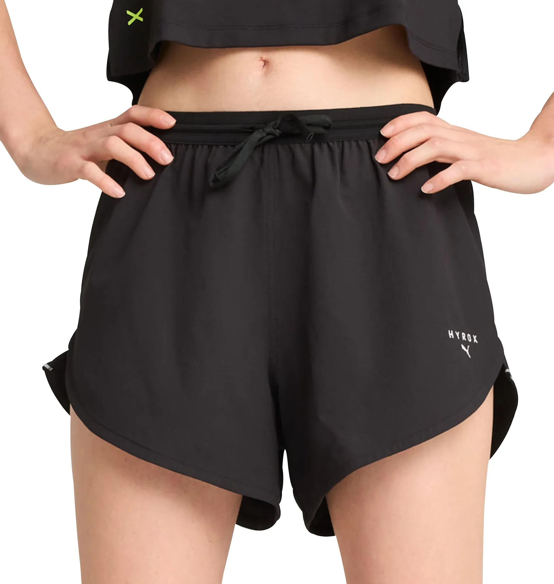 Travel Comfort Stretch Fabric Puma X HYROX Ultraweave Velocity 4 Inch Womens Training Shorts - Black