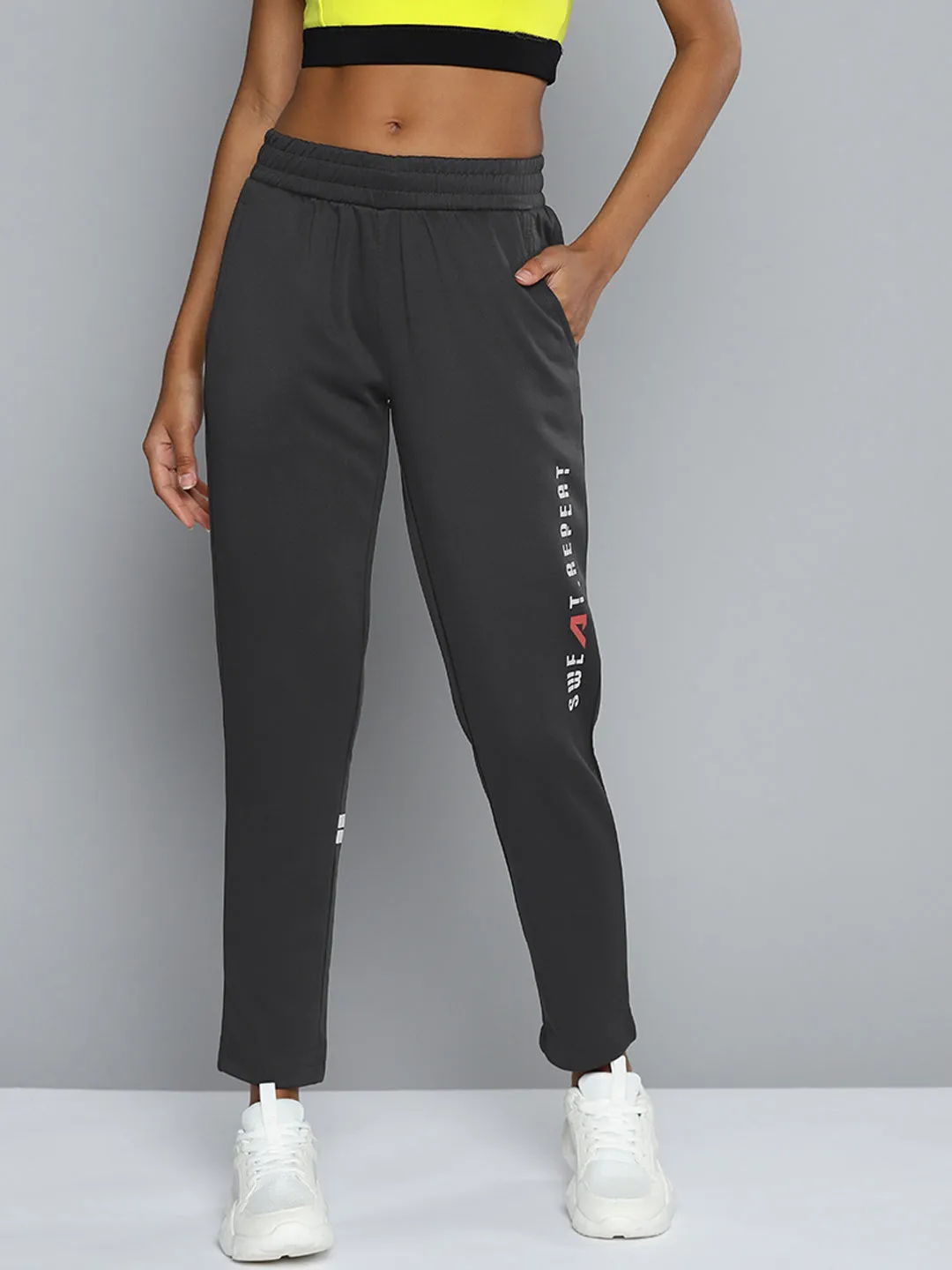 ALCIS Women Charcoal Grey Typography Track Pants SeamlessPocketDesign