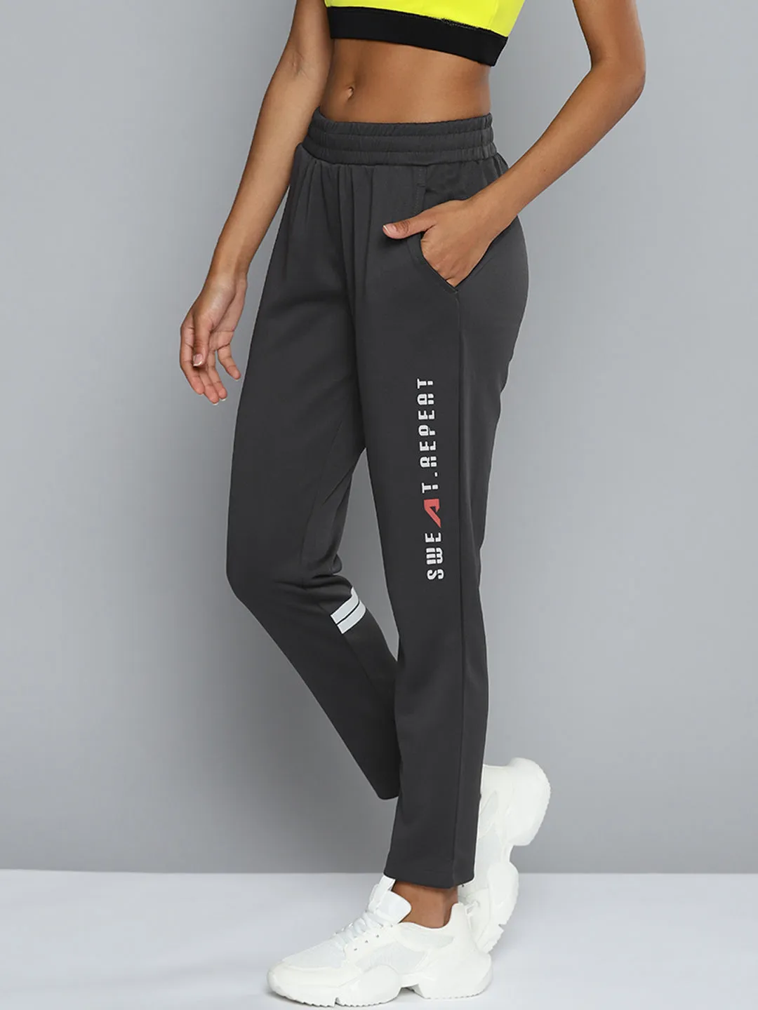 Tailored Silhouette Boho chic ALCIS Women Charcoal Grey Typography Track Pants
