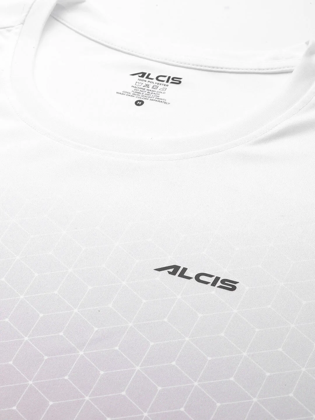 NonSlip Grips HeatReflective Lining Alcis Men White Abstract Printed Dry Tech Slim Fit T-shirt