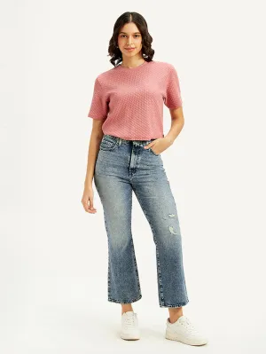 Women's Blue Ribcage Cropped Bootcut Fit High Rise Jeans Light Touch Abrasion Resistant Fabric