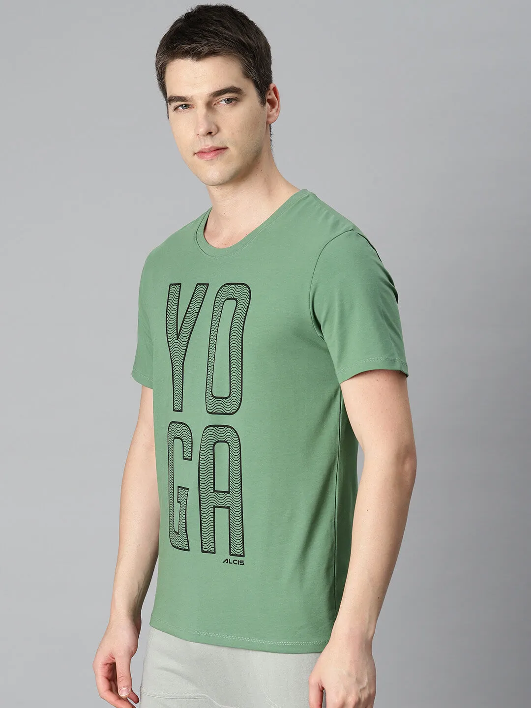 Alcis Men Green Typography Printed Sports T-shirt Flight Fit Myth Glow