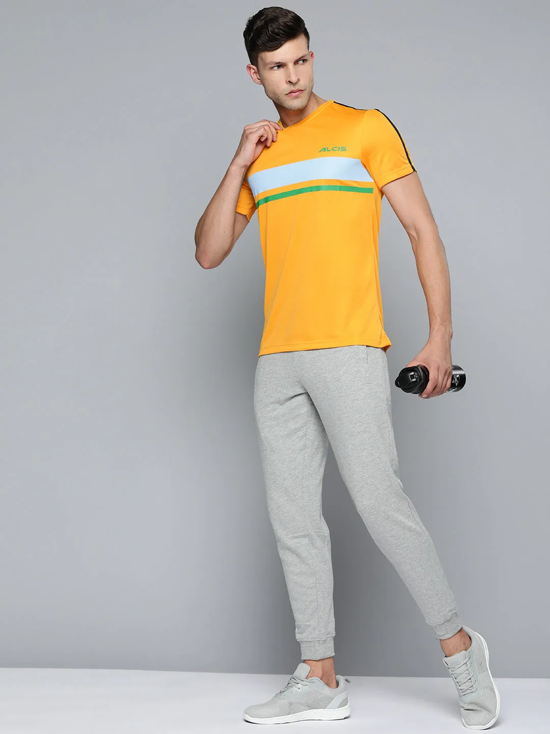 Alcis Men Yellow & Blue Striped Slim Fit T-shirt FourWay Stretch Dream Base