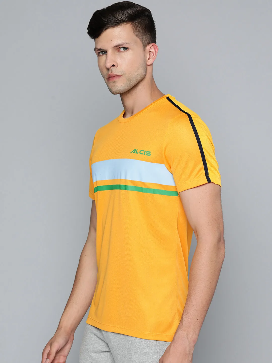 Alcis Men Yellow & Blue Striped Slim Fit T-shirt Smooth Yarn