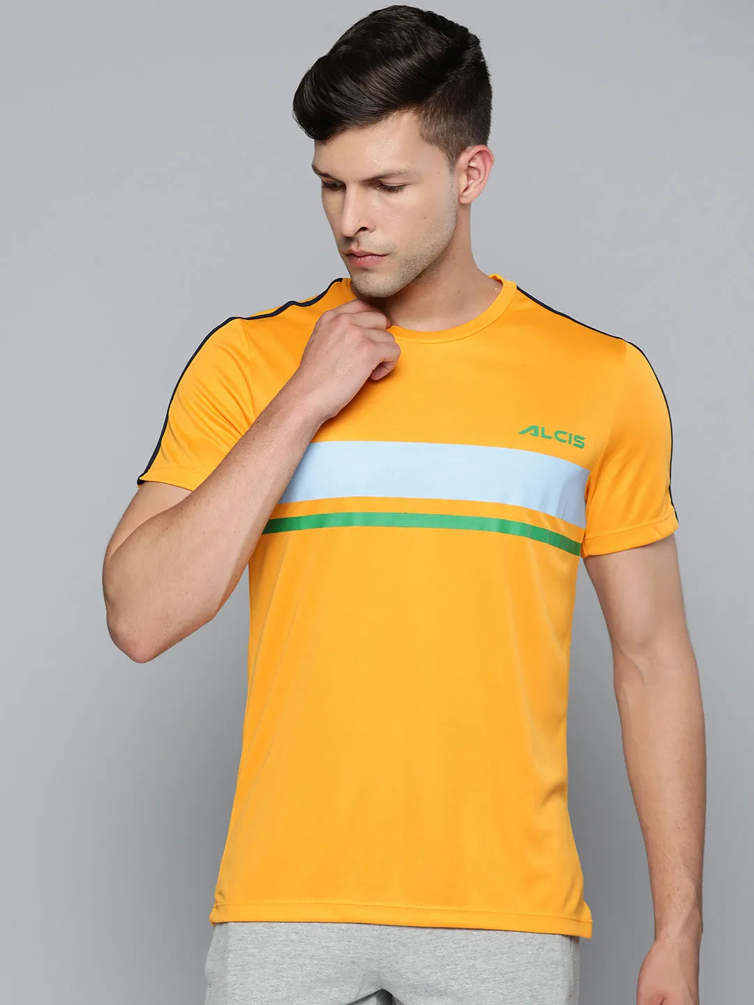 Alcis Men Yellow & Blue Striped Slim Fit T-shirt Handmade Fit WindResistantWeave