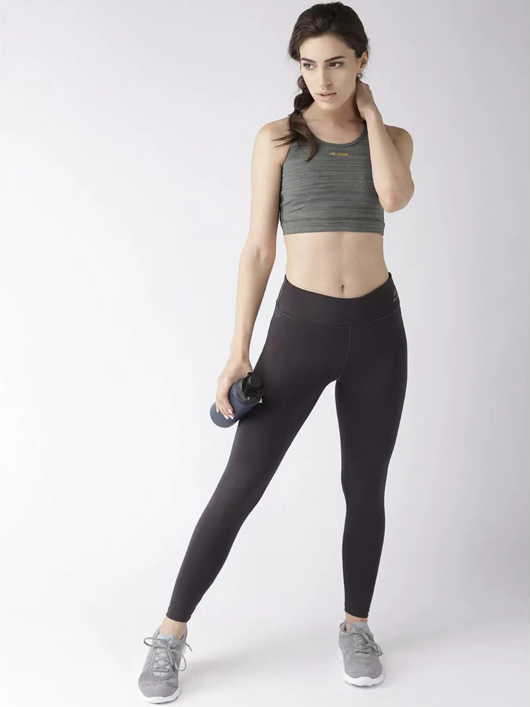 Double Layer Airport Travel Stretch Form Alcis Women Charcoal Grey Solid Training Tights