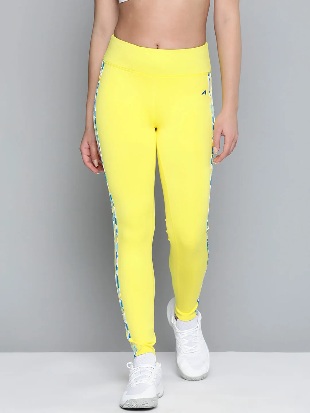 Alcis Women Yellow White Striped Sports Tights Casual Wearer Seamless Design