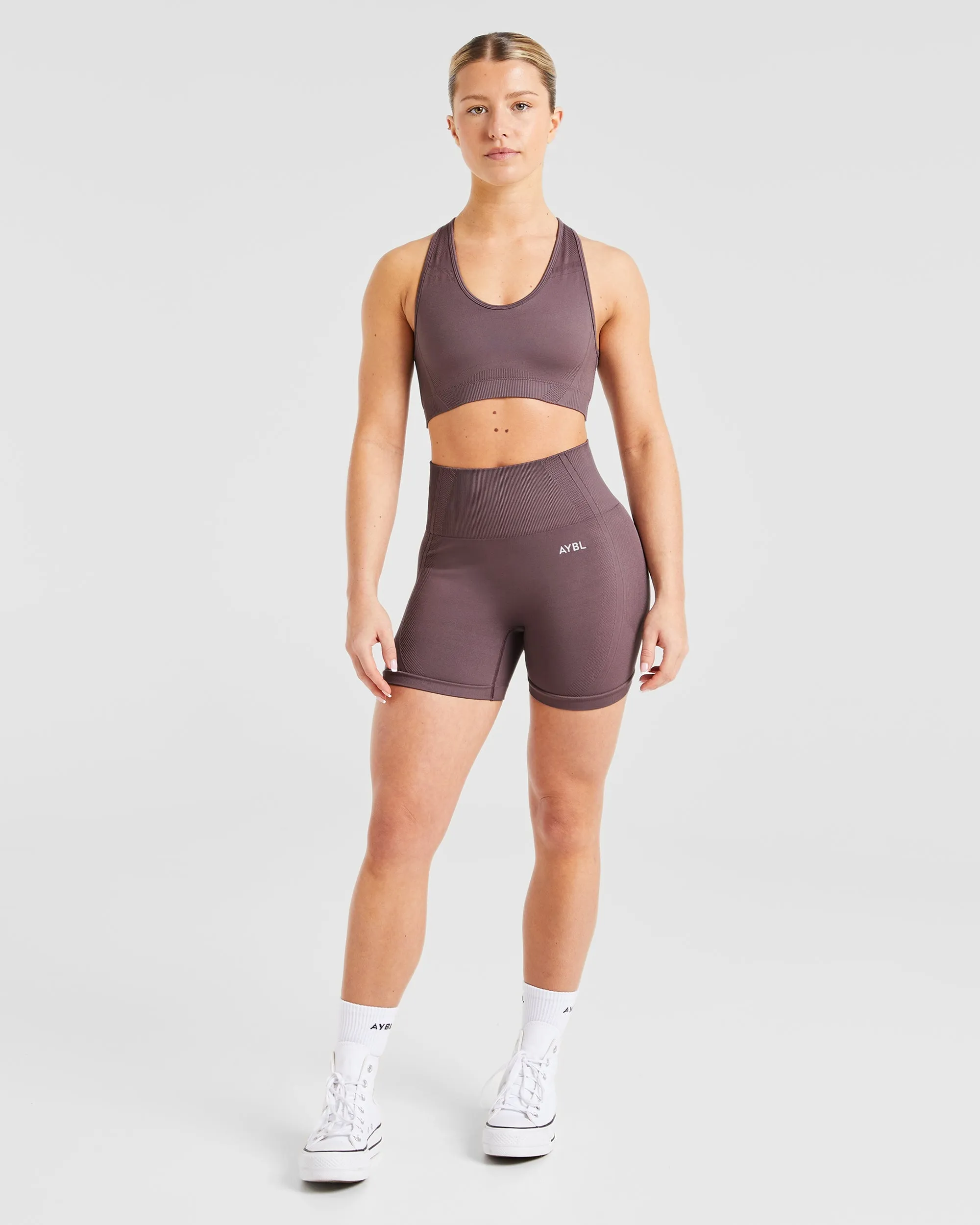 Balance V3 Seamless Sports Bra - Coffee Bean floral V-neck seams