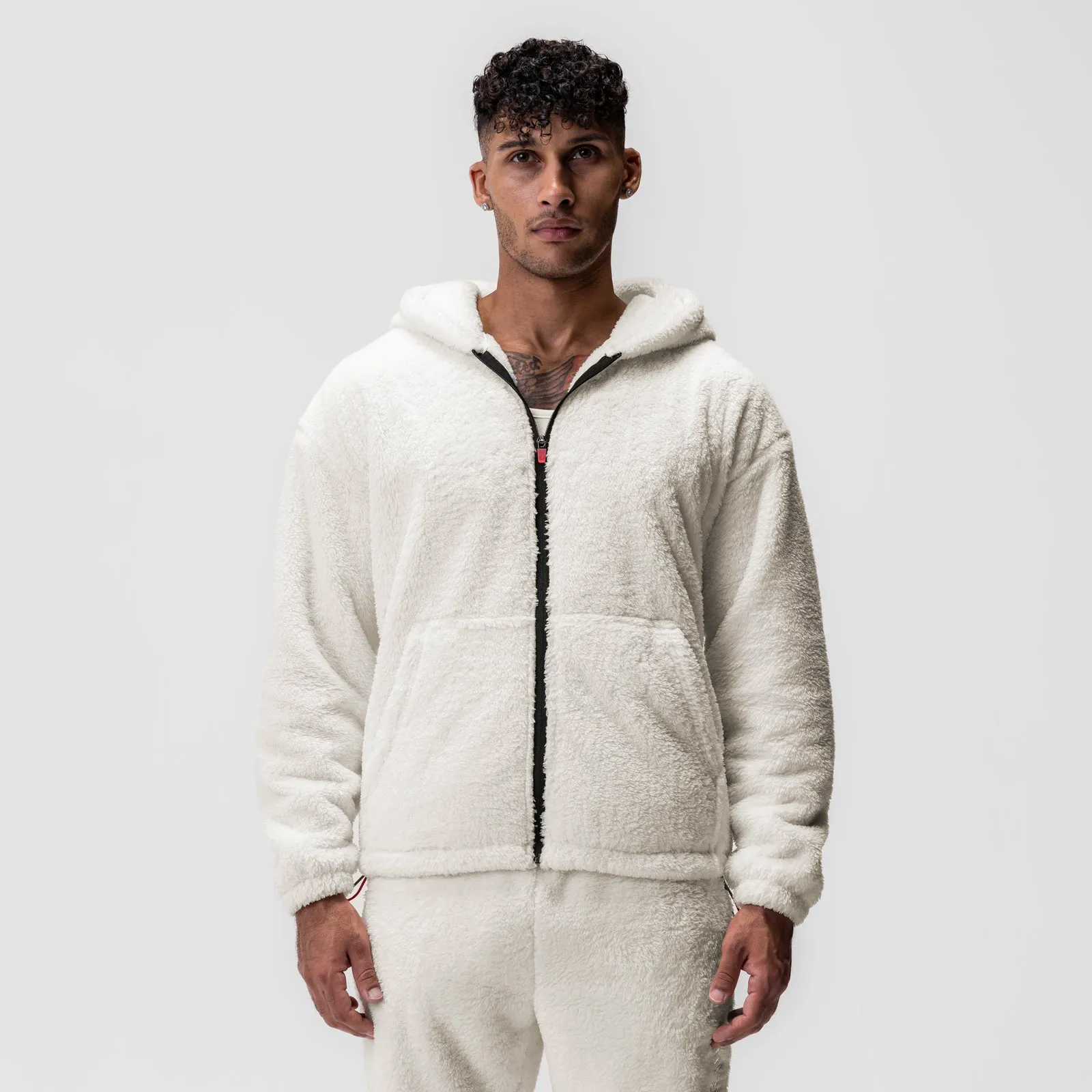 0887. Sherpa Recovery Full Zip Hoodie - Ivory Cream/Black Street Fashion