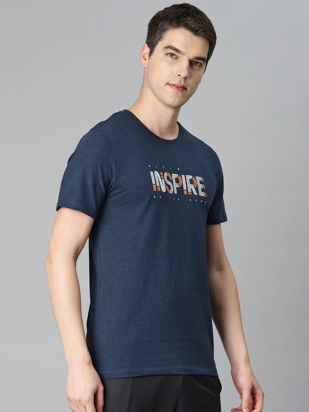 Stage Soul Wind Glow Alcis Men Blue Typography Printed Anti Static Slim Fit Sports T-shirt