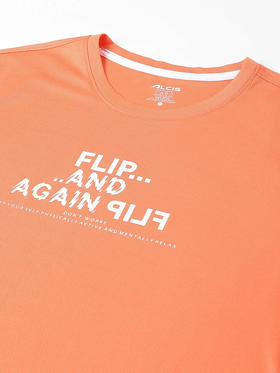 Alcis Men Printed Orange Anti-Static Slim-Fit Round Neck Training T-Shirt QuickDry Reinforced Hem