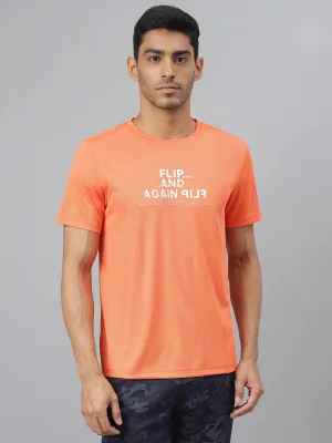 Alcis Men Printed Orange Anti-Static Slim-Fit Round Neck Training T-Shirt Relax Vibe
