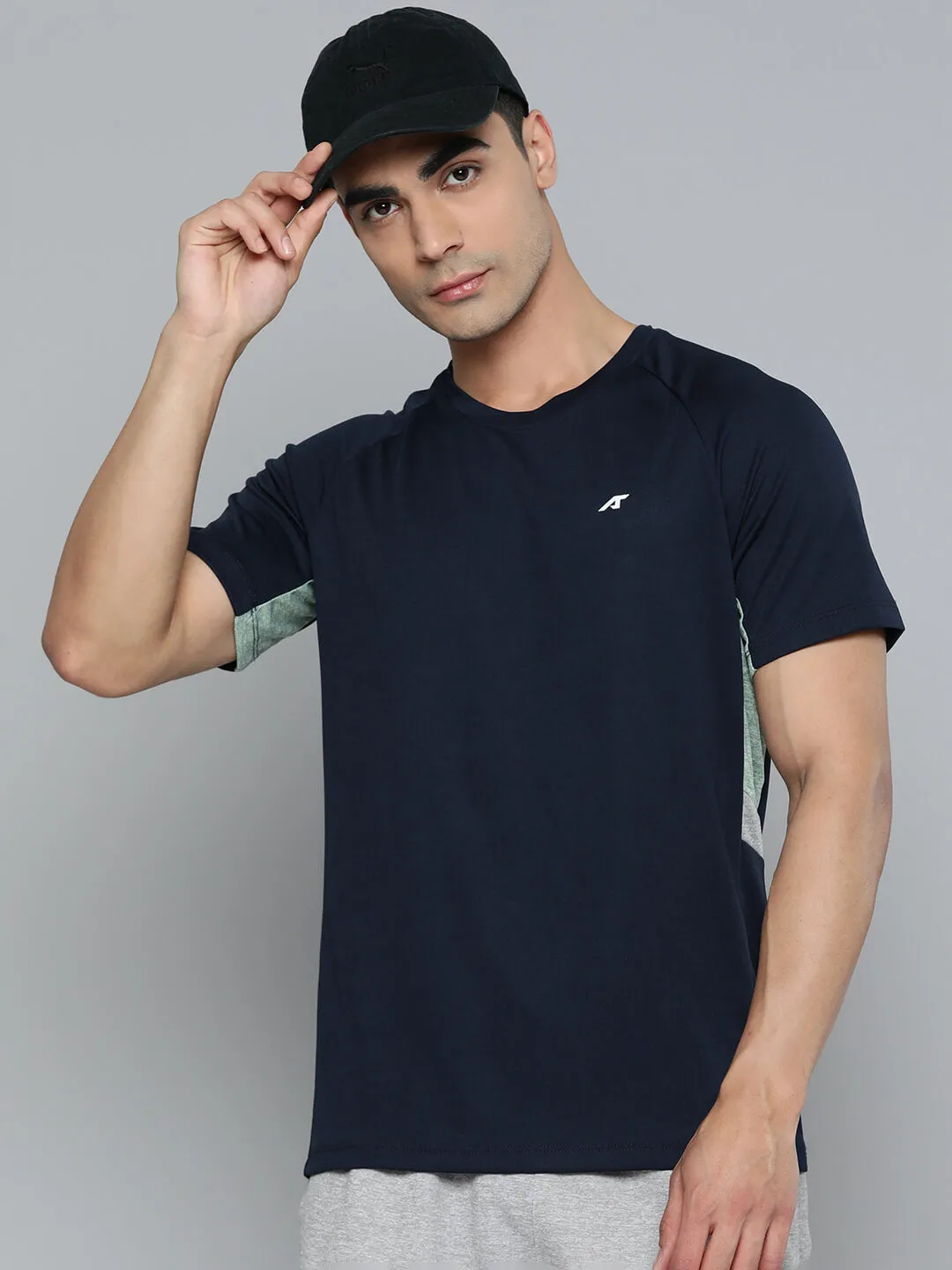 NonRestrictive Cut Alcis Men Navy Blue Colourblocked Dry Tech Slim Fit Sports T-shirt