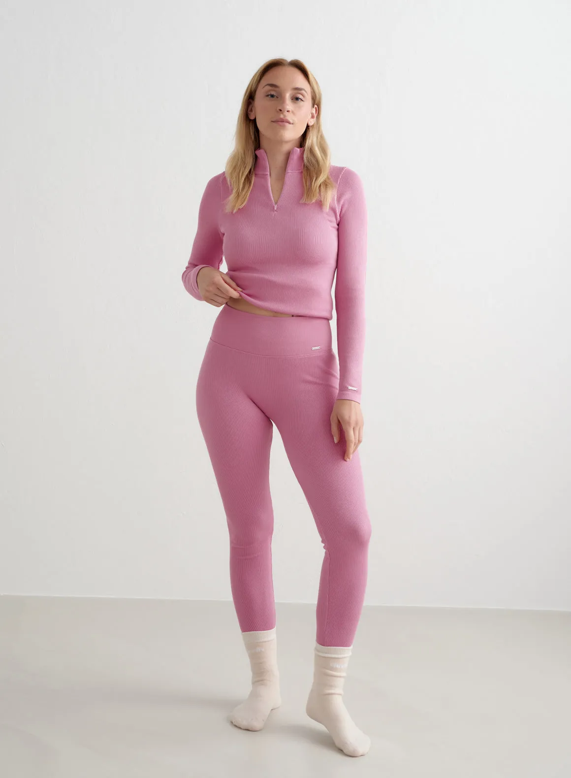 Peony Pink Ribbed Wool Leggings Pilates Session Soft Touch Pocket Design