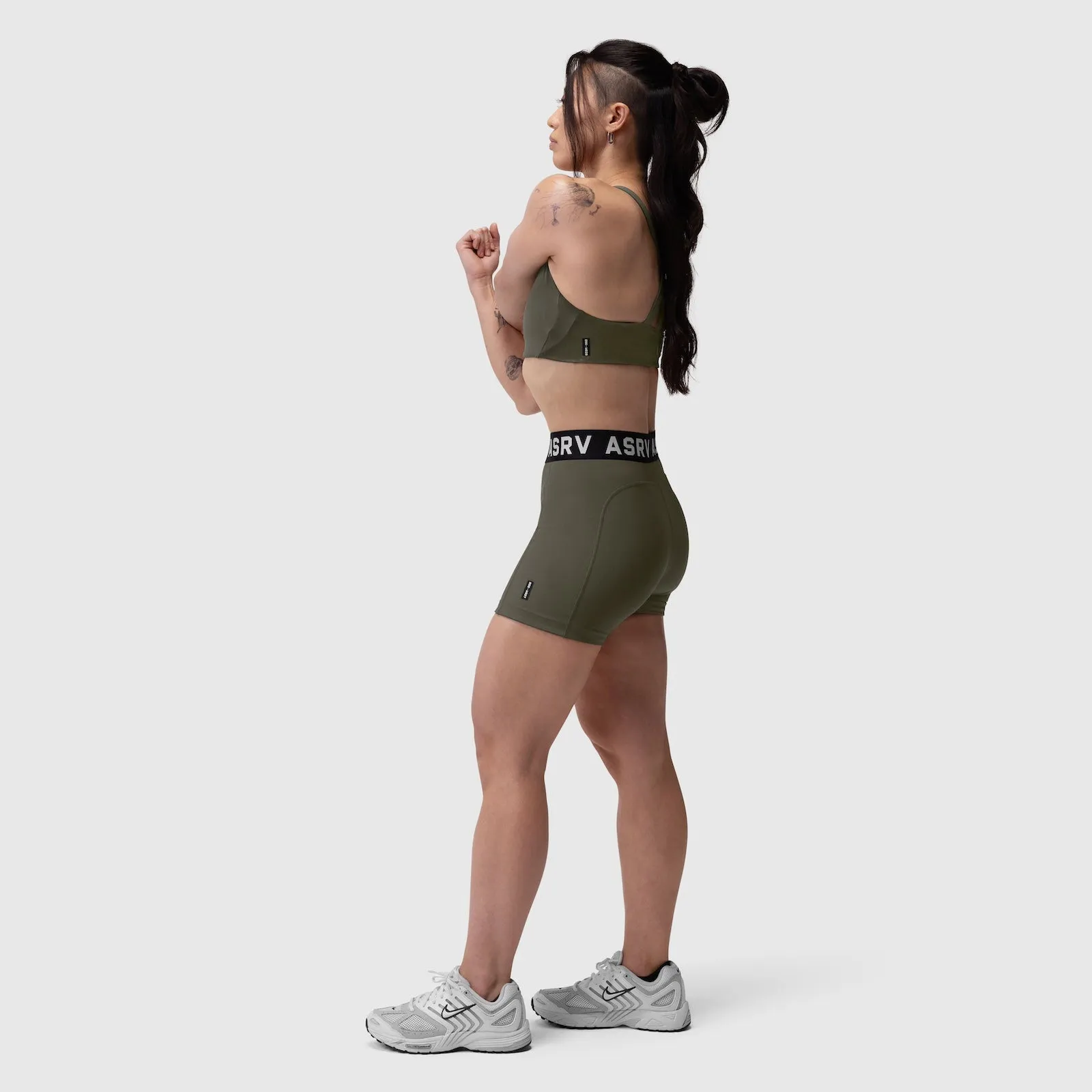 W039. Lycra? Hybrid Sports Bra - Olive Turtleneck seams Flexible Band