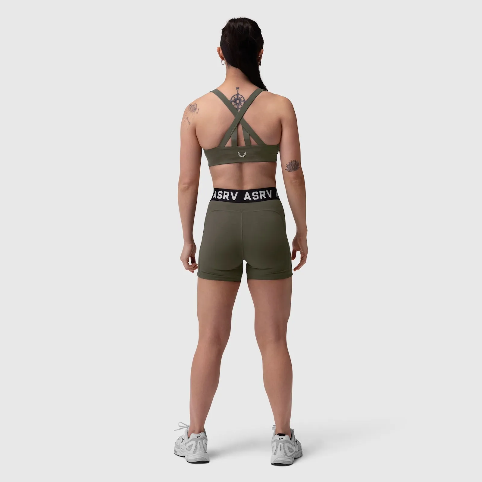 W039. Lycra? Hybrid Sports Bra - Olive Nylon workout gear Fringed edges