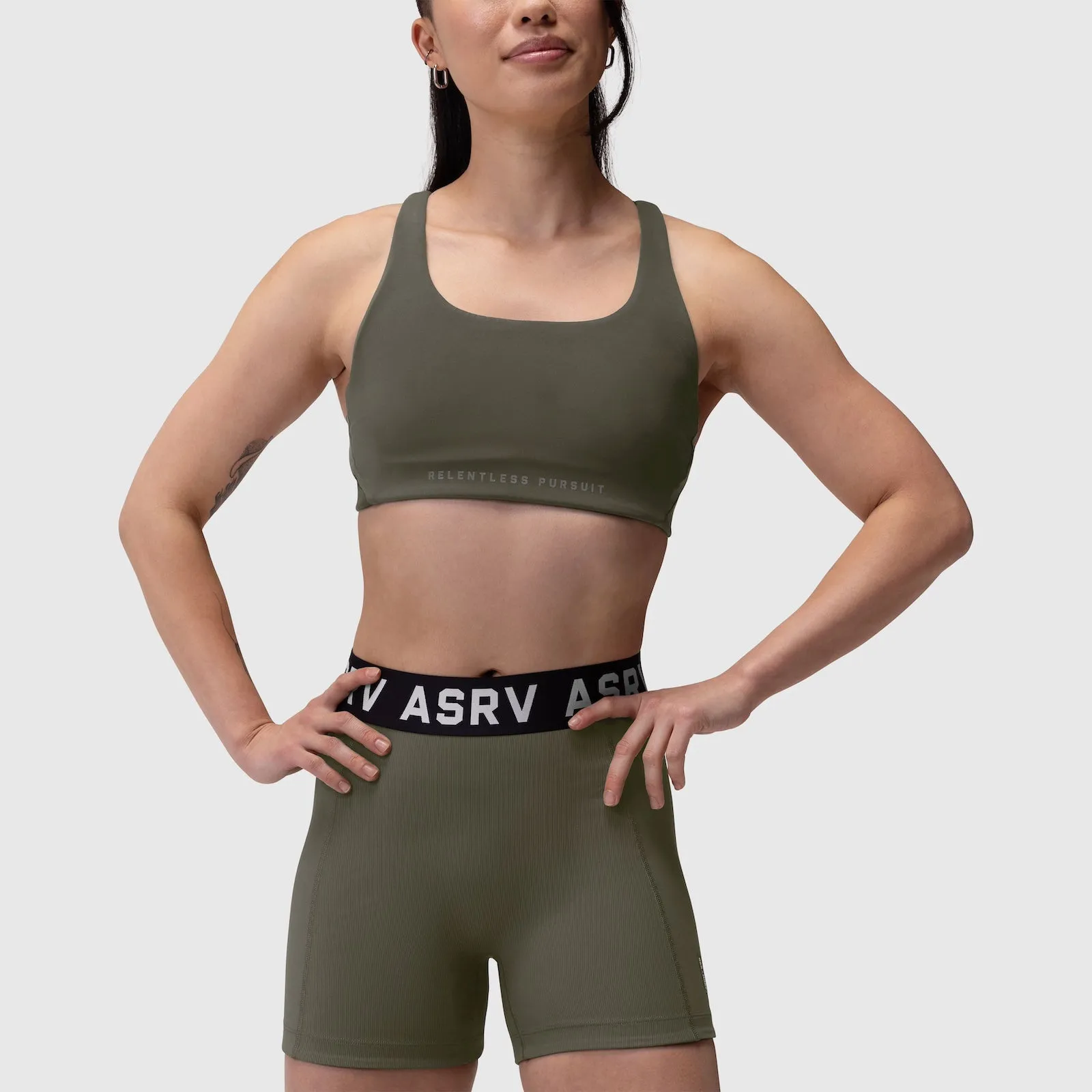 W039. Lycra? Hybrid Sports Bra - Olive Backless seams