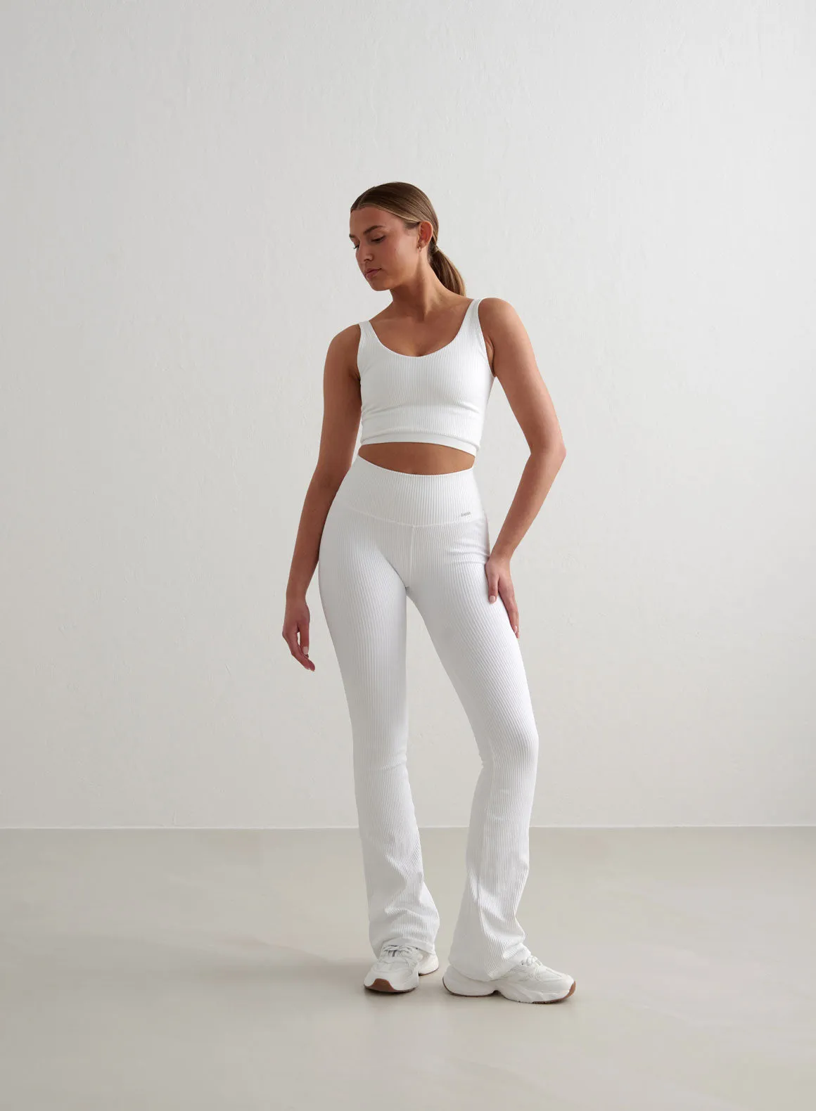 White Ribbed Seamless Flare Tights Fitness Lover Dance Studio Thumb Hole Sleeve