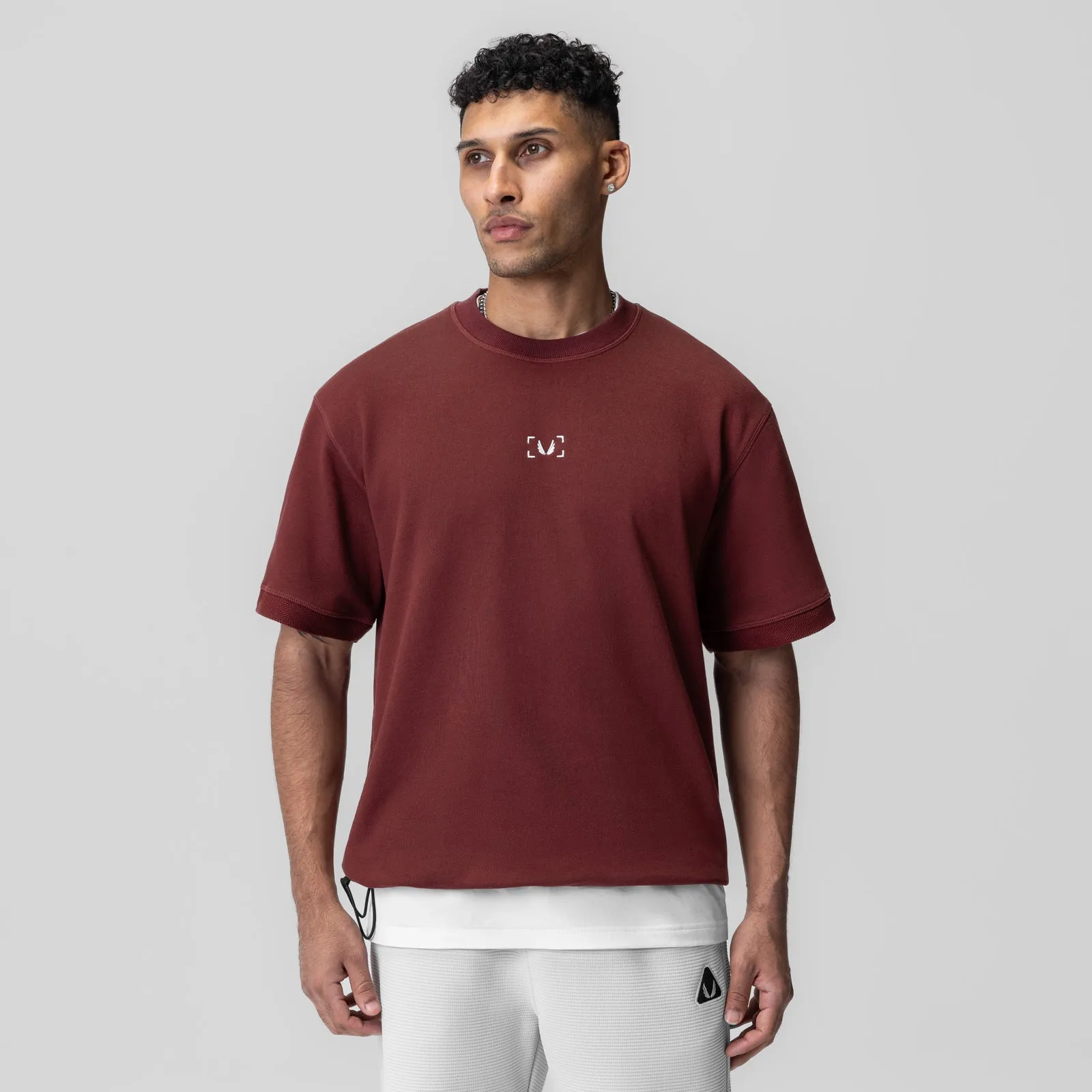 Curved Hemline Bohemian style 1026. Herringbone Terry Oversized Cinch Tee - Crimson