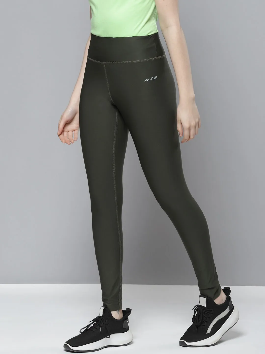 Alcis Women Olive Green Solid Tights Layered Seam Construction
