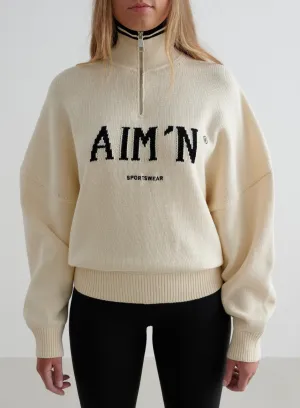 Almond White College Knitted Half Zip Party - Wear