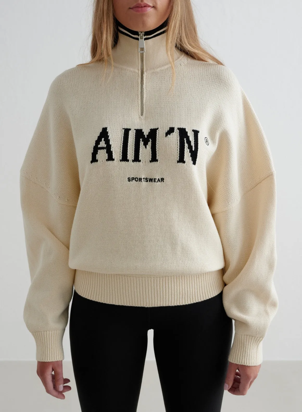 Almond White College Knitted Half Zip Party - Wear