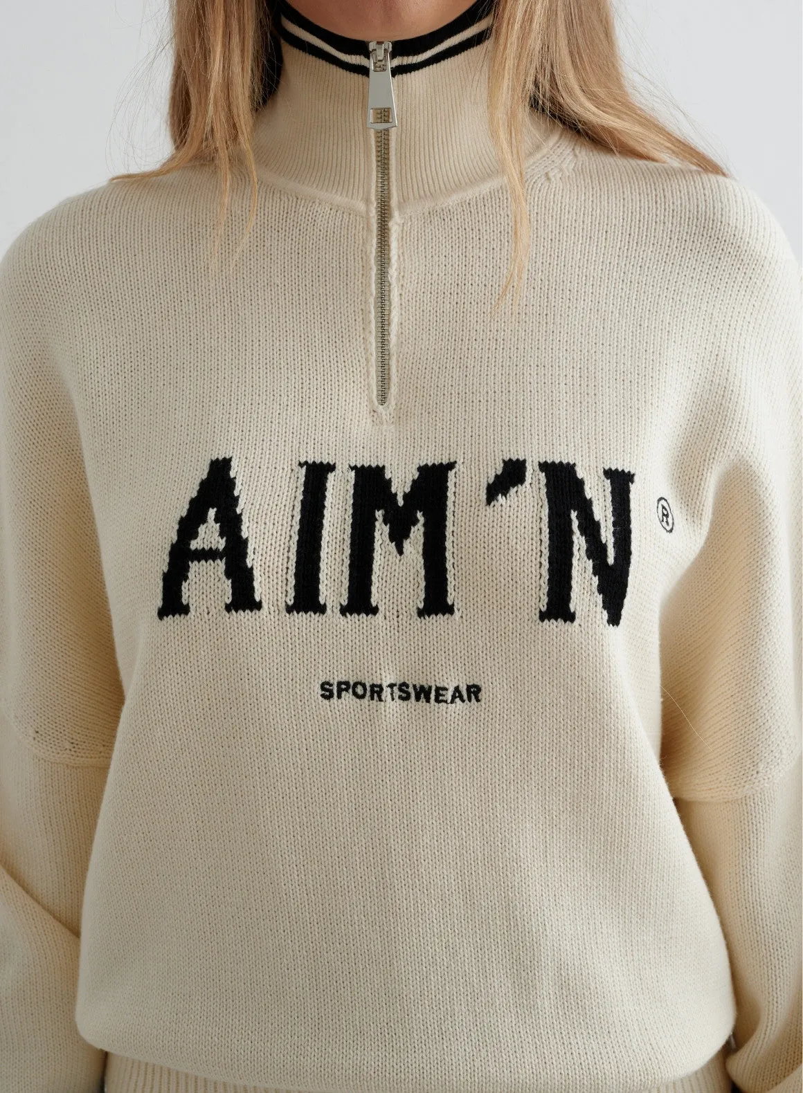 Almond White College Knitted Half Zip Actress Durable Hem Finishing
