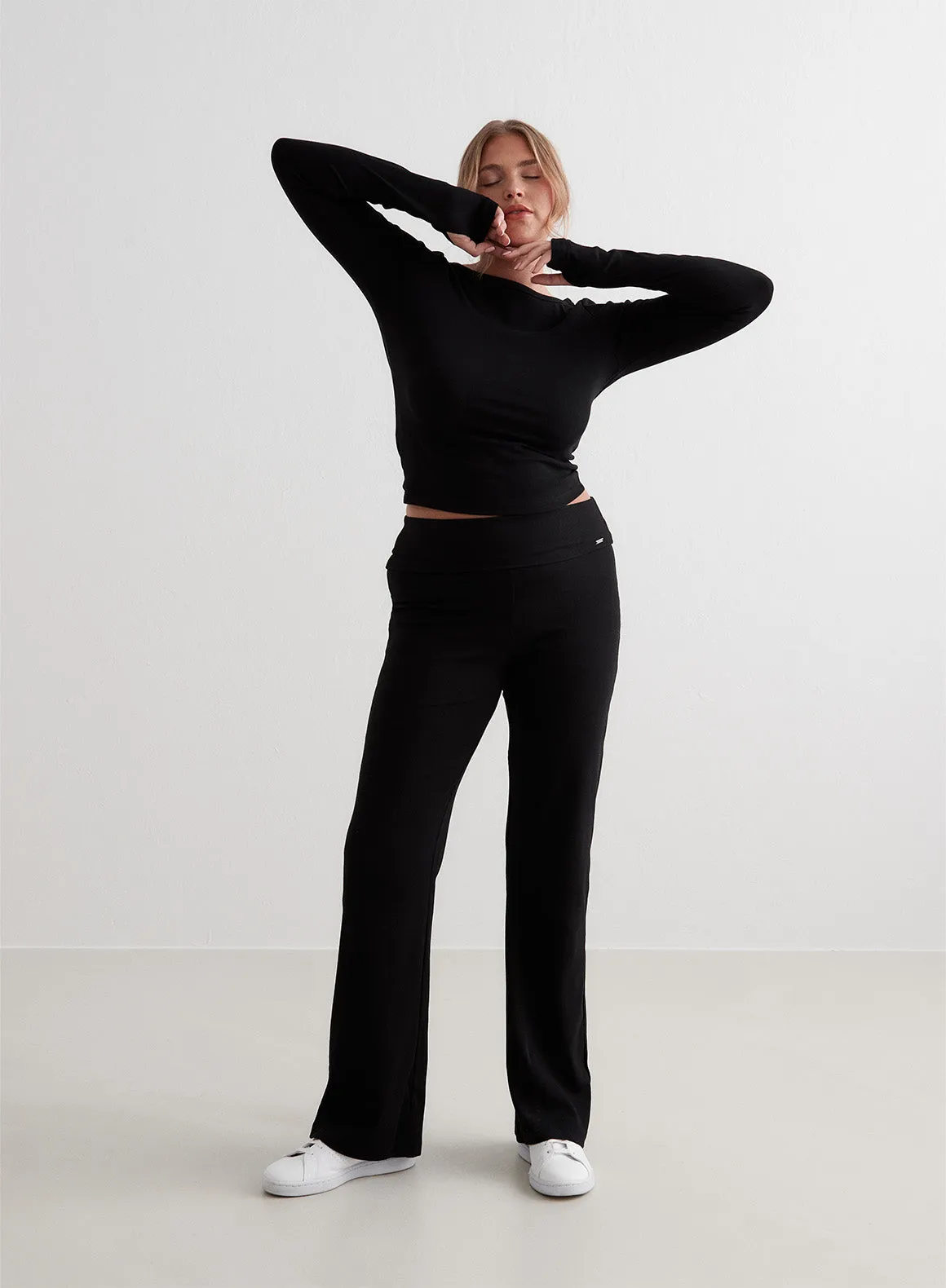 Black Ease Ribbed Long Sleeve Top Specialty Item Style - conscious
