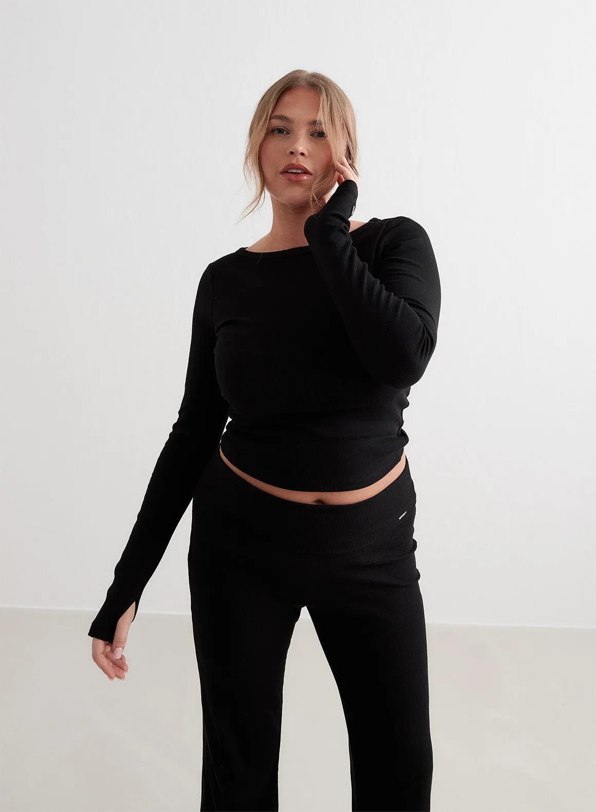 Black Ease Ribbed Long Sleeve Top Cozy loafers