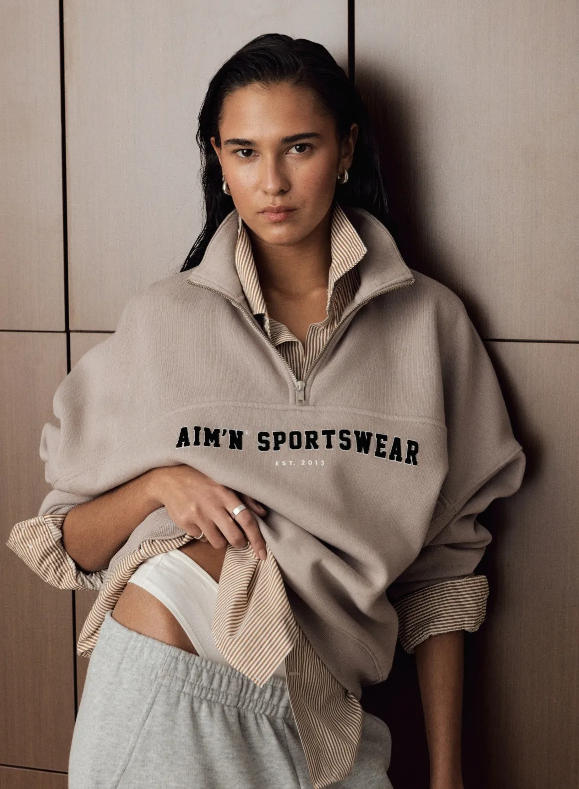 Low Maintenance Fabric Dark Clay Varsity Sweat Half Zip