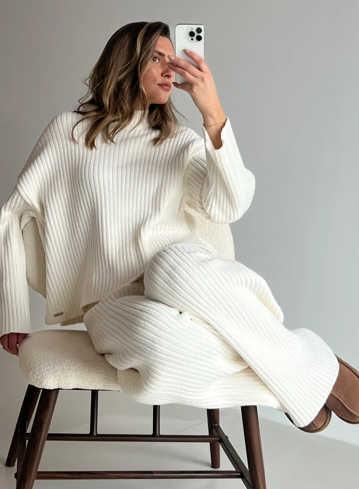 Photo Leather Almond White Rib Knit Sweater
