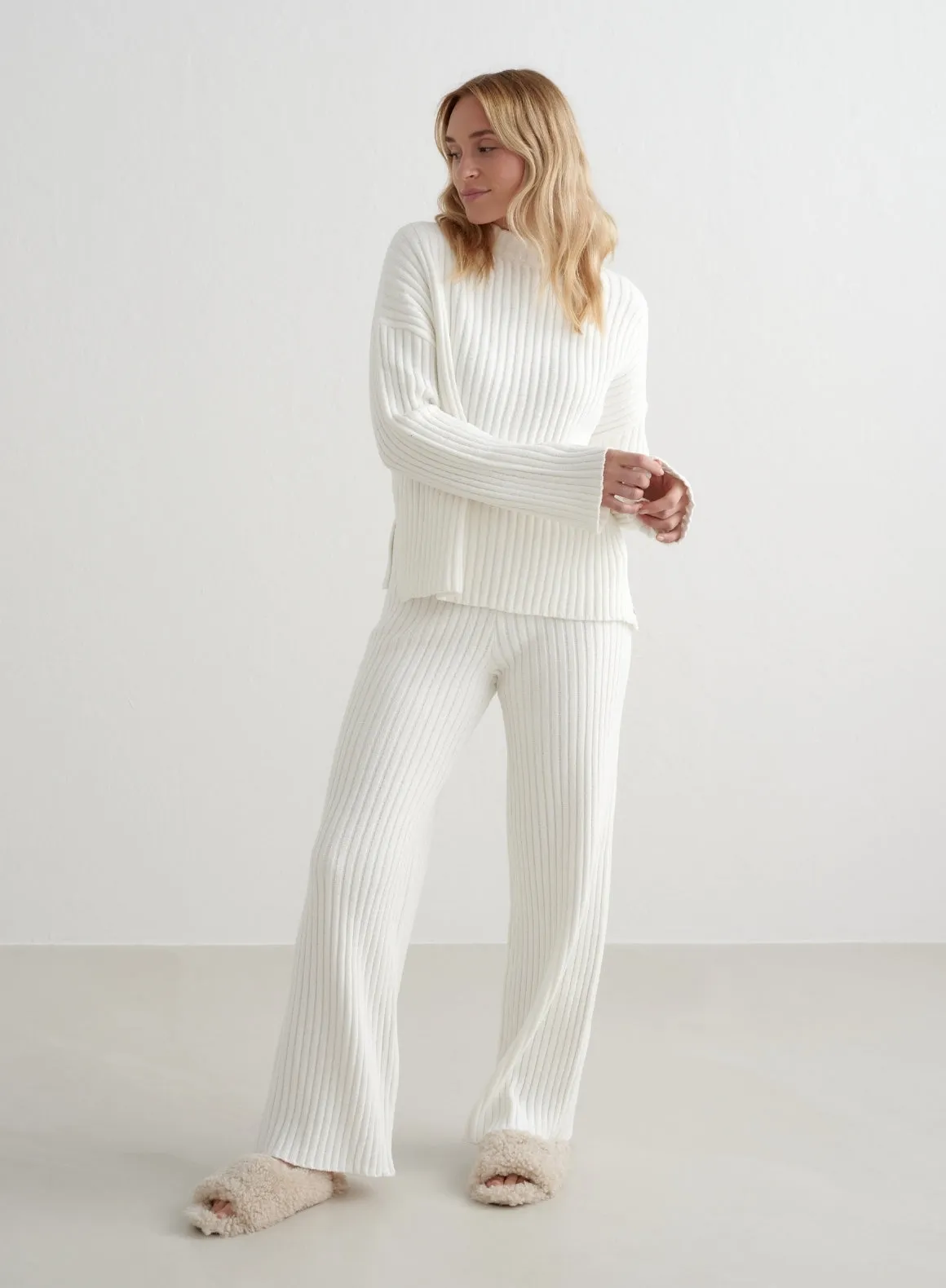 Almond White Rib Knit Sweater Art