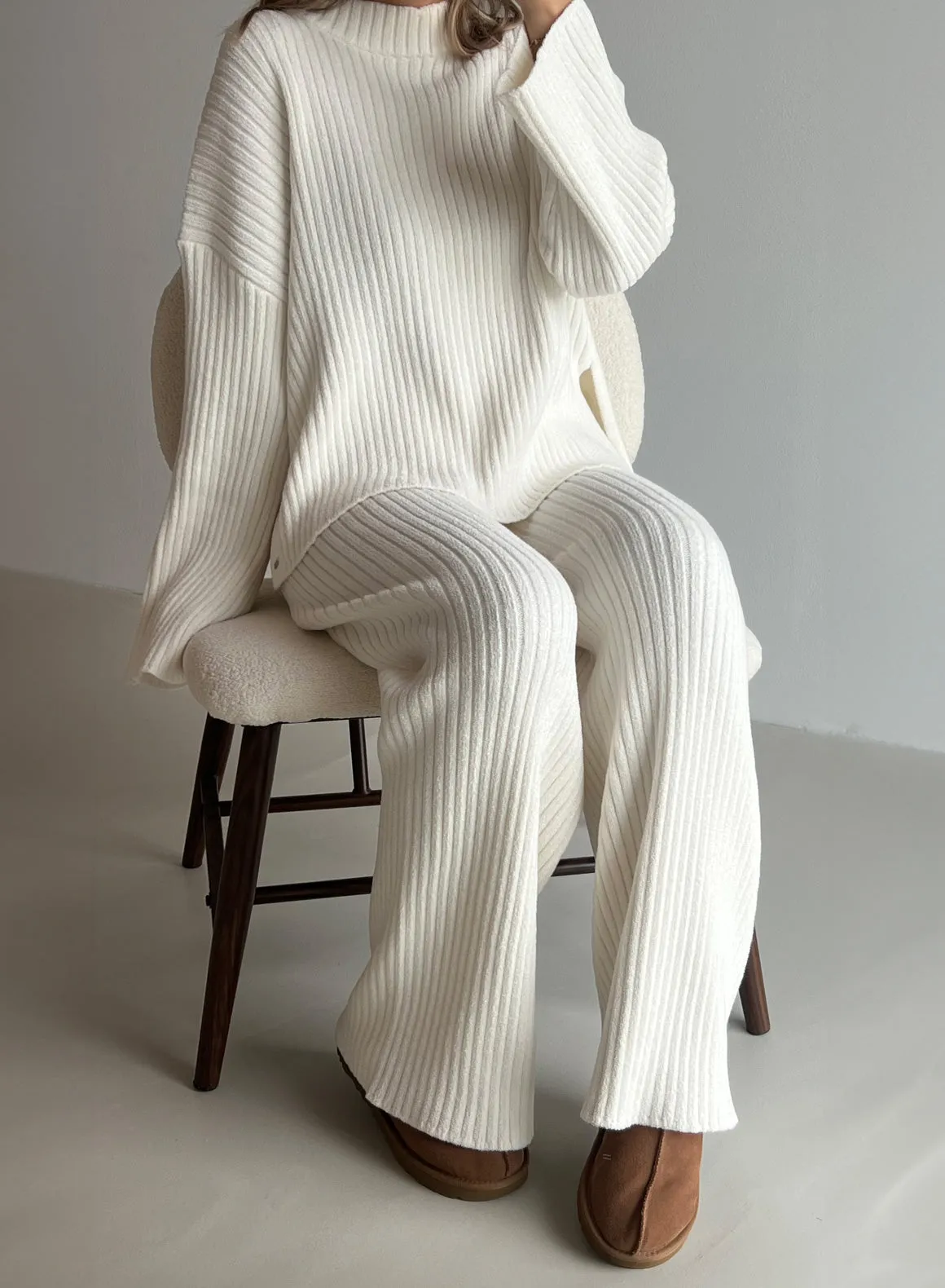 Indoor setting Almond White Rib Knit Sweater