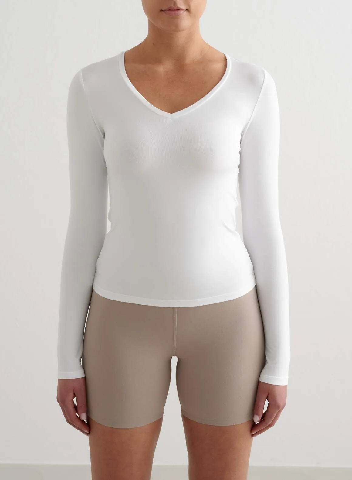White Soft Basic V-Neck Long Sleeve Printed gym - goer