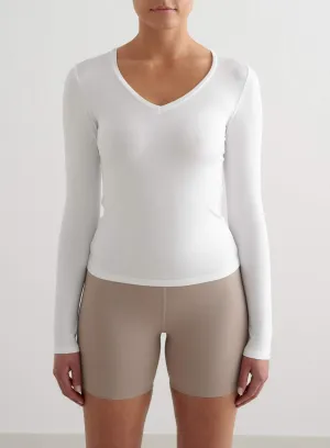 White Soft Basic V-Neck Long Sleeve Printed gym - goer