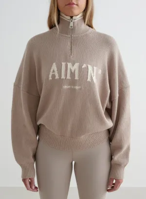 Dark Clay College Knitted Half Zip Stretchable Side Gussets