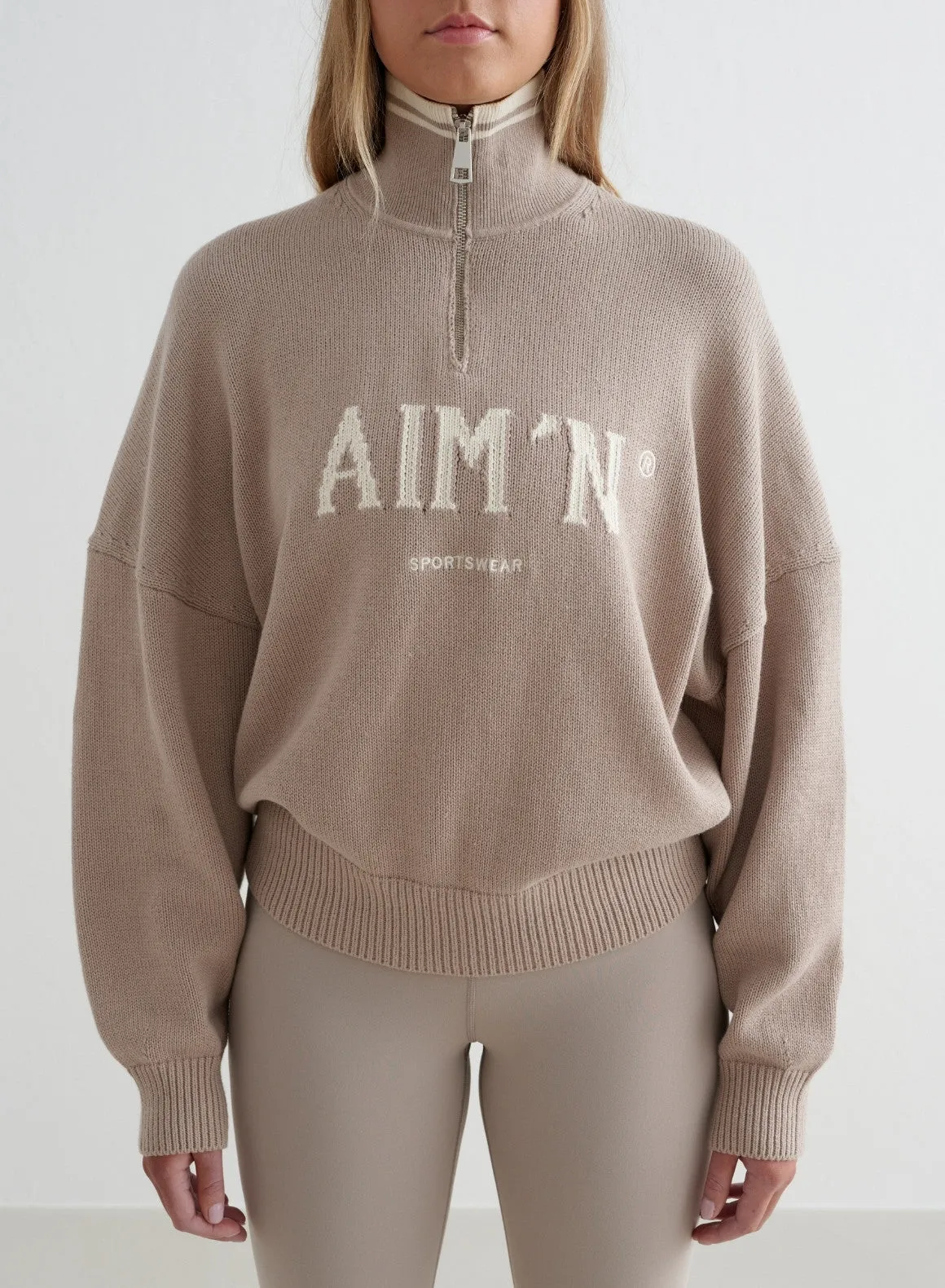 Dark Clay College Knitted Half Zip Stretchable Side Gussets