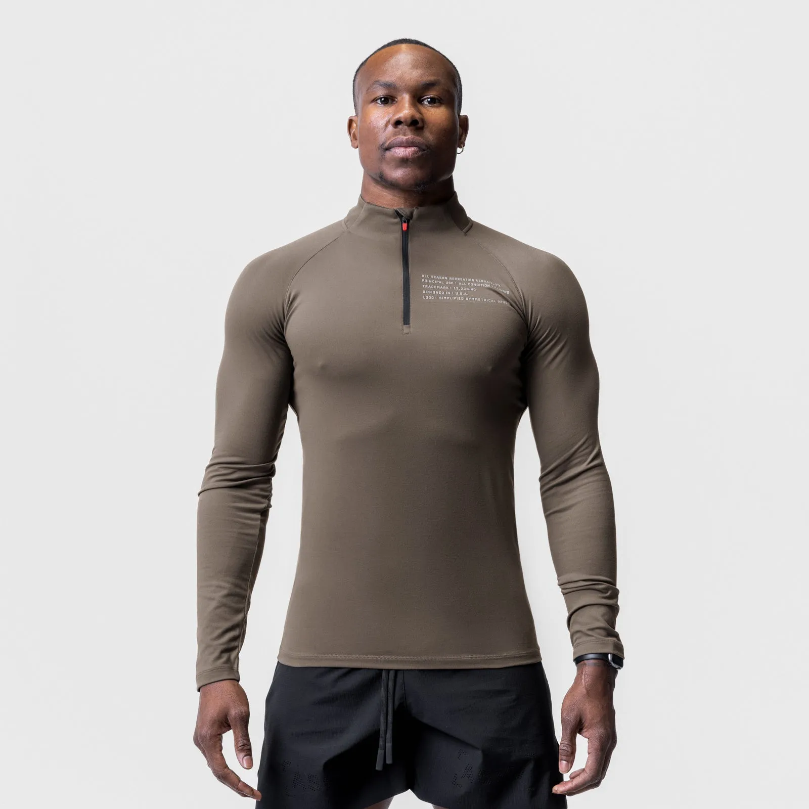 0725. Core Fitted Quarter Zip - Deep Taupe Odor Control Treatment Zipped closure