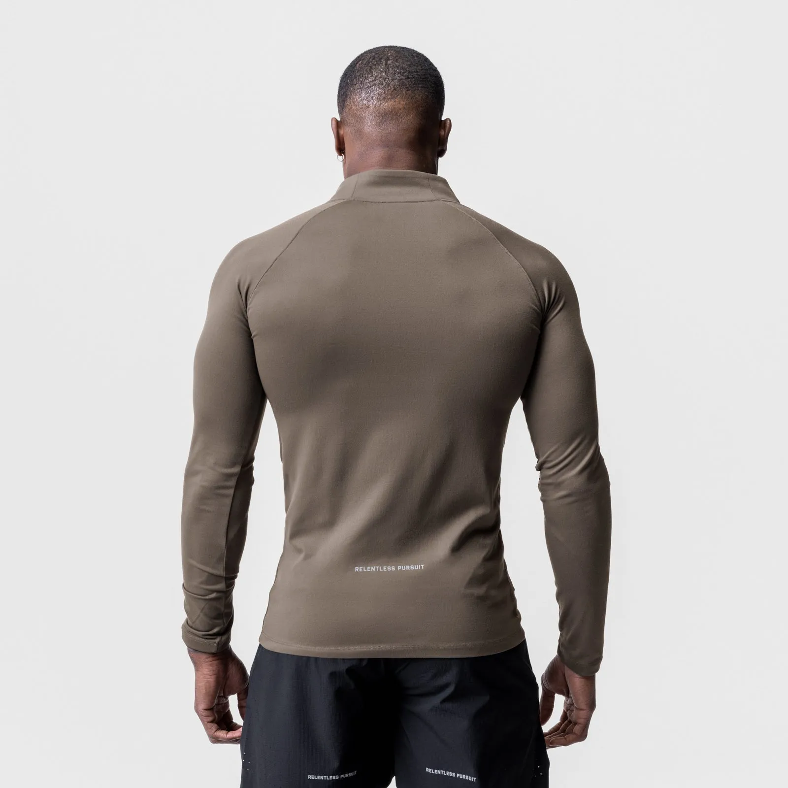 0725. Core Fitted Quarter Zip - Deep Taupe Elbow length cuff Glossy